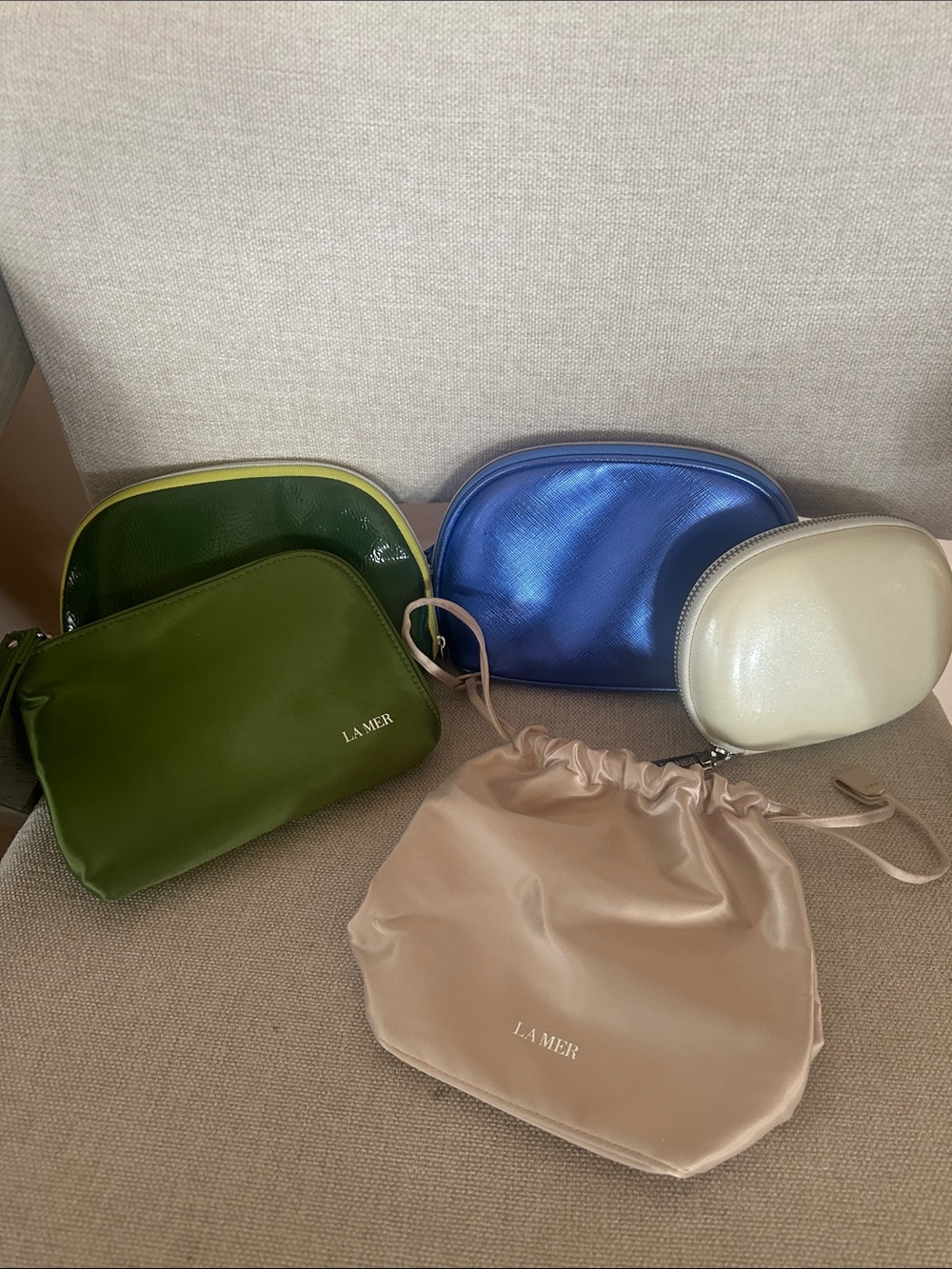 La Mer Cosmetic Pouch Set — Green, Blue, Cream, Beige